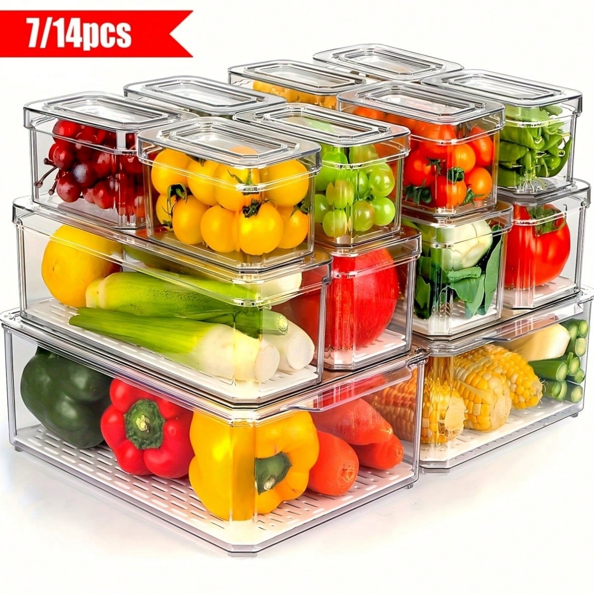 Food Storage Vegetables - 7/14er-Pack stapelbare Kühlschrank-Organizerbehälter mit Deckeln, platzsparende