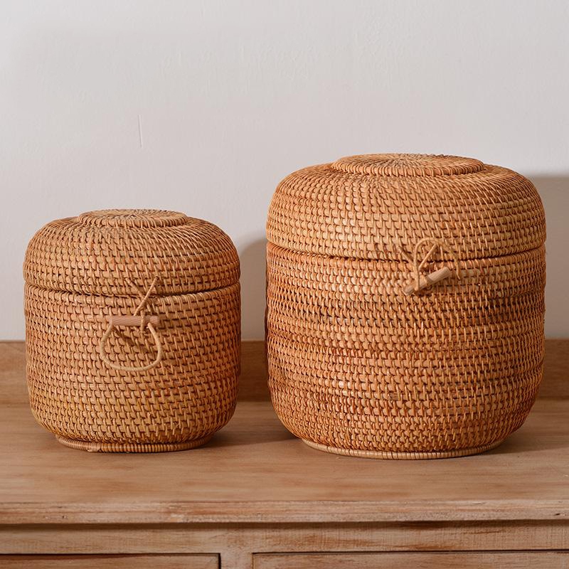 Food Storage With Colander - Handgewebte Rattan-Tee-Aufbewahrungsbox mit Deckel, Puer-Teebeutel-Organizer, grüner