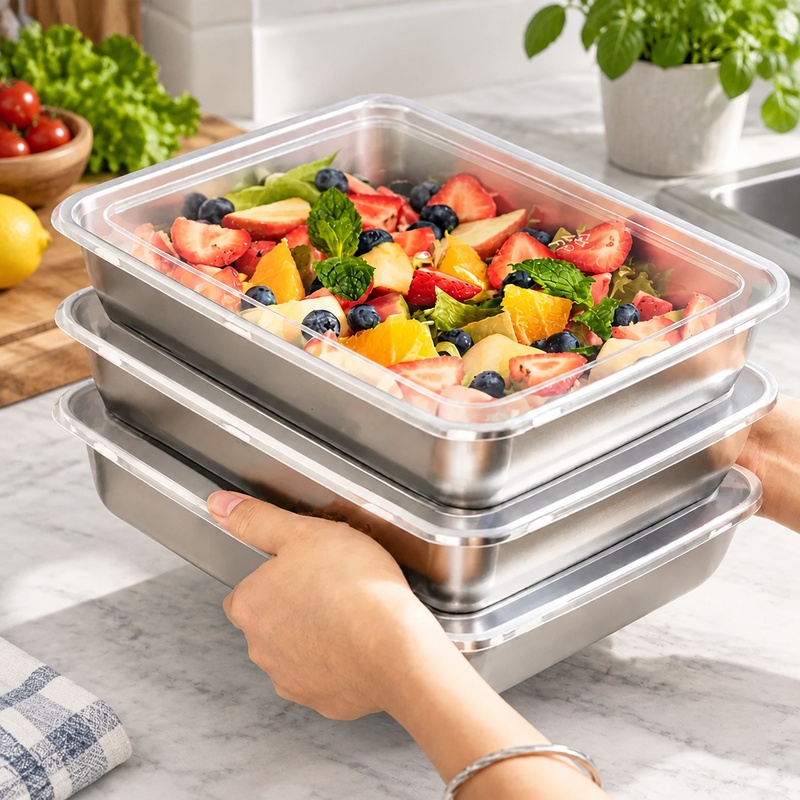 Food Storage With Colander - 3-teilige Edelstahl-Lebensmittelbehälter mit transparenten Deckeln, auslaufsicheres