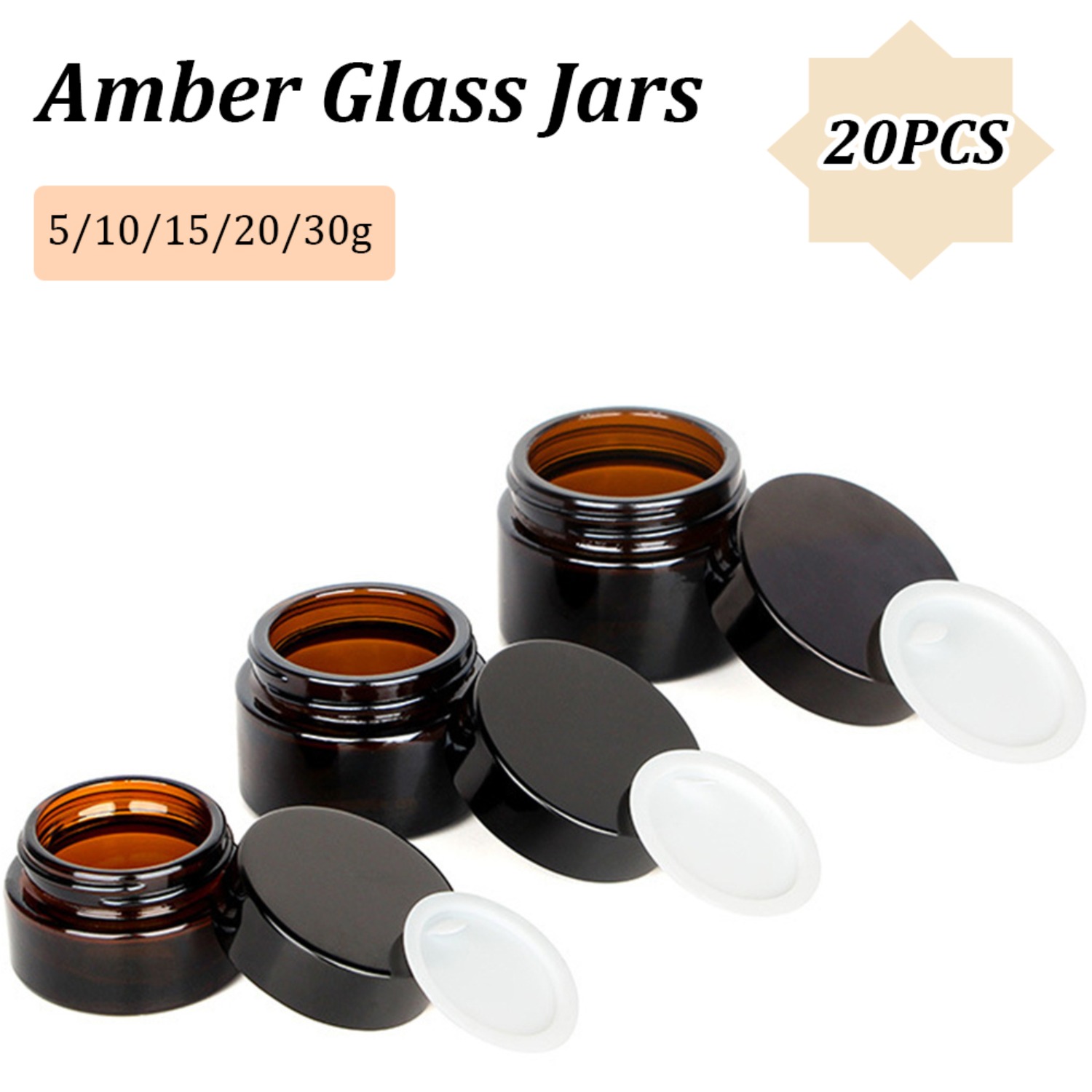 Food Storage Glass Set - 20 kleine bernsteinfarbene Glasgefäße mit schwarzen