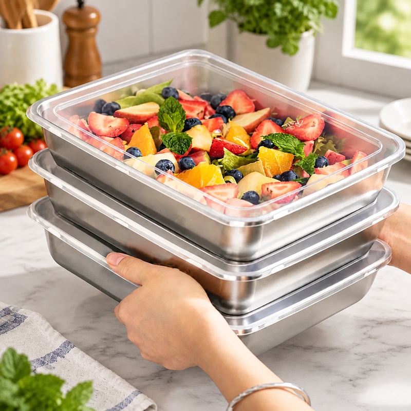 Food Storage For Camping - 3-teilige Edelstahl-Lebensmittelbehälter mit transparenten Deckeln, auslaufsicheres