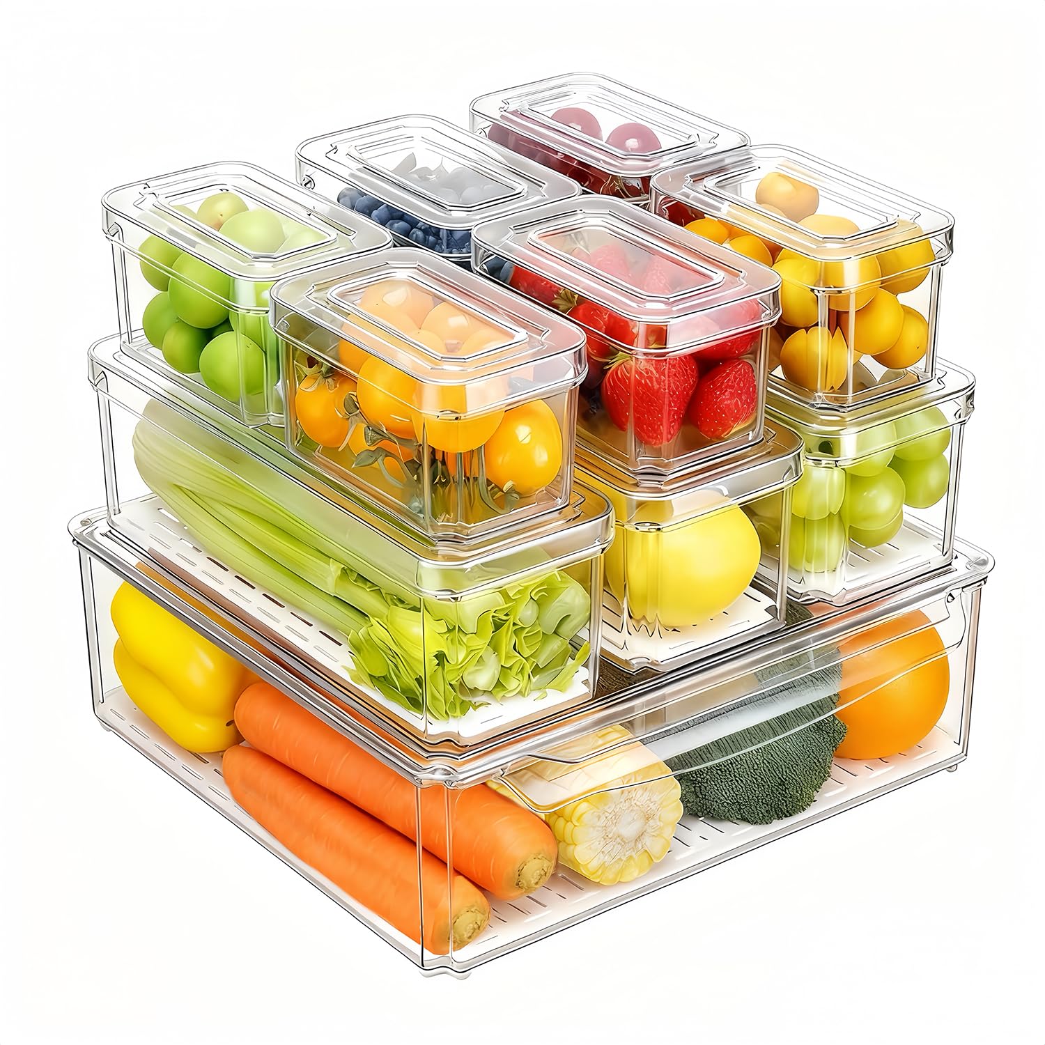 Food Storage Vegetables - 14er-Pack Kühlschrank-Organizer, stapelbare Kühlschrank-Aufbewahrungsbehälter mit Deckeln,