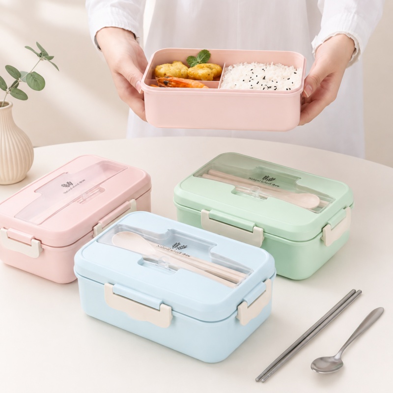 Food Storage Containers Plastic Box - Weizenstroh-Lunchbox, mikrowellengeeignete tragbare Bento-Box mit Besteck,